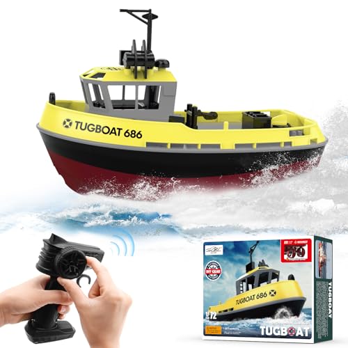 fisca Ferngesteuertes Boot - 1/72 Hochgeschwindigkeits-RC-Boot für Pools und Seen, RC-Schlepper mit 40 Minuten Spielzeit und Batterie-Erinnerung für Kinder und Erwachsene (Gelb) von fisca