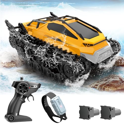 fisca RC Panzer Auto, Amphibische Fernsteuerung Crawler 2.4Ghz All Terrain Off-Road 4WD Drifting Auto RC Stunt Wasserdicht Crawler Tank Wasser Spielzeug Geschenke - Gelb von fisca