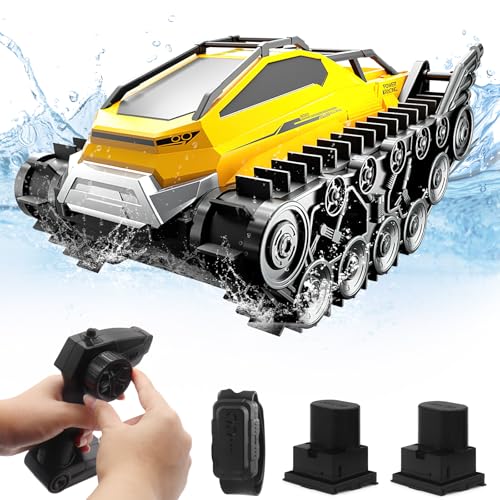 fisca RC Panzer Auto, Amphibische Fernsteuerung Crawler 2.4Ghz All Terrain Off-Road 4WD Drifting Auto RC Stunt Wasserdicht Crawler Tank Wasser Spielzeug Geschenke - Gelb von fisca