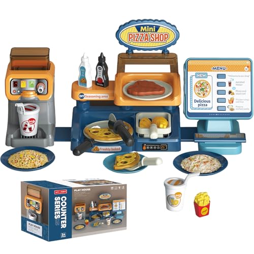 fisca Kinder Pretend Play Store Pizza Spielset, 35-teiliges Pizzatheken-Spielset mit Registrierkasse, Vorschulkind Pretend Role Play Spielzeug Pizza Shop Spielzeugkasse Spielset für Kleinkinder 3+ von fisca