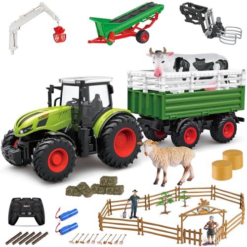 fisca 45PCS Kinder RC Traktor Spielzeug Bauernhof Spielset, 2.4Ghz Fernsteuerung Bauernhof Traktor Set mit Anhänger & Förderband & Bauernhof Tiere Figuren Zäune Landwirte für Kinder Alter 3+ von fisca