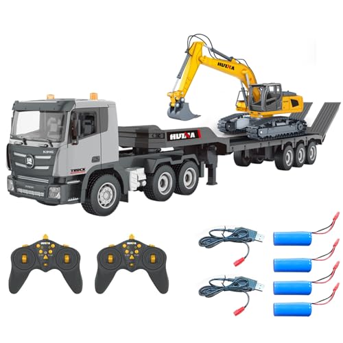 fisca RC Semi Truck & Bagger Spielzeug Set, 2.4Ghz Ferngesteuerter Pritschenwagen mit Bagger Spielzeug, 1:24 RC-Sattelzugmaschine mit Sound und Lichtern, Baufahrzeuge Spielzeug für Jungen von fisca