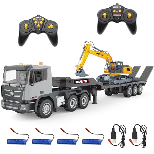 fisca RC Semi Truck & Bagger Spielzeug Set, 2.4Ghz Ferngesteuerter Pritschenwagen mit Bagger Spielzeug, 1:24 RC-Sattelzugmaschine mit Sound und Lichtern, Baufahrzeuge Spielzeug für Jungen von fisca