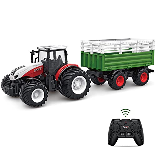 fisca RC Traktor mit Anhänger, 2.4G 1:24 Ferngesteuertes Bauernhof-LKW Hochsimulierter RC Traktor Ackerschlepper mit Licht und Sound von fisca