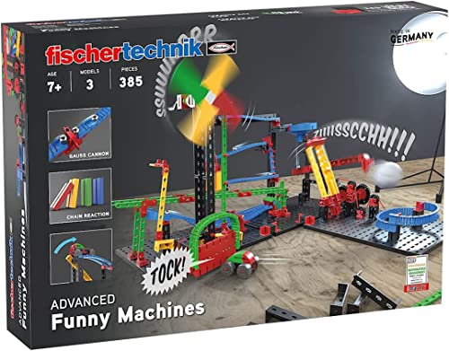 fischertechnik 551588 ADVANCED Funny Machines – Bausatz für Kinder, Konstruktionsspielzeug mit spannenden Kettenreaktionen, inkl. Katapult & Gauss-Kanone, Mittel, Gelb von fischertechnik