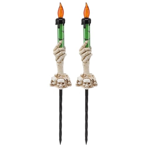 flexman 2 Stück Halloween Kerzenlichter, Warmes Licht, Skeletthände Halten Beleuchtete Kerzen, Wegmacher mit Erdungsstecker, Dekorative Kerzenlampe für Festliche Partys (Green) von flexman