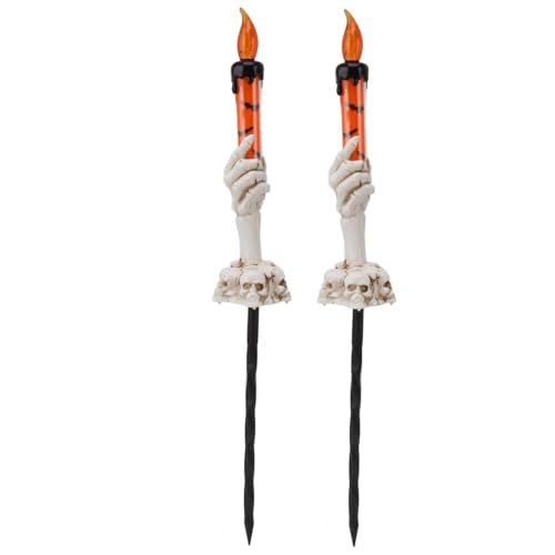 flexman 2 Stück Halloween Kerzenlichter, Warmes Licht, Skeletthände Halten Beleuchtete Kerzen, Wegmacher mit Erdungsstecker, Dekorative Kerzenlampe für Festliche Partys (Orange) von flexman