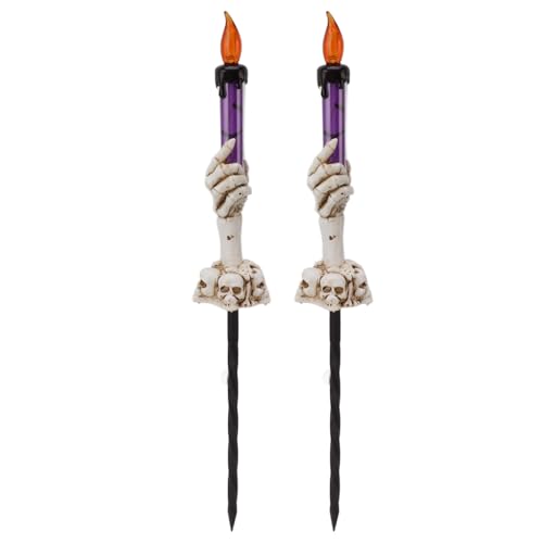 flexman 2 Stück Halloween Kerzenlichter, Warmes Licht, Skeletthände Halten Beleuchtete Kerzen, Wegmacher mit Erdungsstecker, Dekorative Kerzenlampe für Festliche Partys (Purple) von flexman