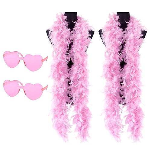 Flintronic Federboa, 2 Stück Bunte Feder Boas mit randlosen Sonnenbrillen, 2M Flauschige Federboa für Damen Kostümzubehör, Feder Schal für Hochzeit Karneval Geburtstag Cosplay Weihnachten (Rosa) von flintronic