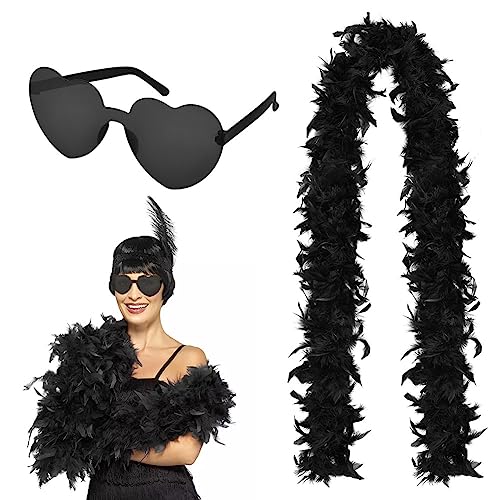 Flintronic Federboa, Bunte Feder Boas mit randlosen Sonnenbrillen, 2M Flauschige Federboa für Damen Kostümzubehör, Feder Schal für Hochzeit Karneval Geburtstag Cosplay Weihnachten (Schwarz) von flintronic