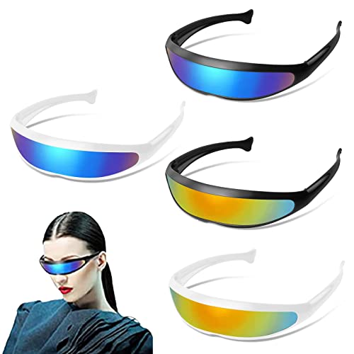 flintronic 4 Stück Futuristische Sonnenbrille, Coole Futuristische Schmale Zyklopenform Sonnenbrille, Space Brille, Alien Robot Spiegellinsen Brille für Foto Requisiten Halloween Rollenspiel Cosplay von flintronic