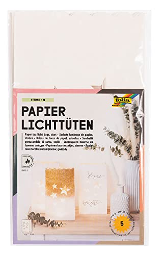 folia 12410 - Papier-Lichtertüten Sterne, Tüten aus schwer entflammbarem Papier, 5 Stück, ca. 24,5 x 14 x 8,5 cm, stimmungsvolle Tischdekoration im Advent und zu Weihnachten von folia