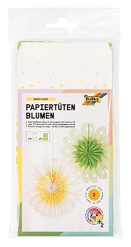 folia 21912 - Papiertütenblumen DAISY LOVE, Bastelset für 2 Papierblüten, je 17 Tüten in Weiß und Mint, inkl. Kordel von folia