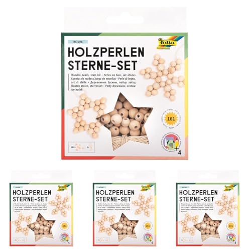 folia 22520 - Holz-Perlen Sterne Set Nature, Bastelset mit 160 Holzkugeln und einer naturfarbenen Schnur zum Auffädeln, zum Basteln von Sternen und Anhängern (Packung mit 4) von folia