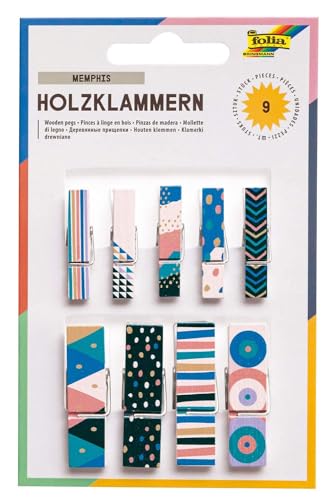 folia 22951 - Holzklammern mit Memphis Motiv, 9 Klammern in 2 verschiedenen Größen, ideal zum Befestigen von Notizen, Bildern oder zum Gestalten von kreativen Bastelarbeiten, ab 8 Jahren von folia