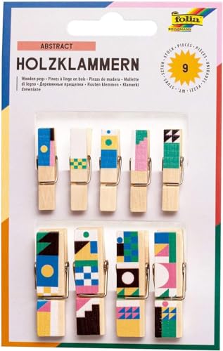 folia 22953 - Holzklammern mit Abstract Motiv, 9 Klammern in 2 verschiedenen Größen, ideal zum Befestigen von Notizen, Bildern oder zum Gestalten von kreativen Bastelarbeiten, ab 8 Jahren von folia