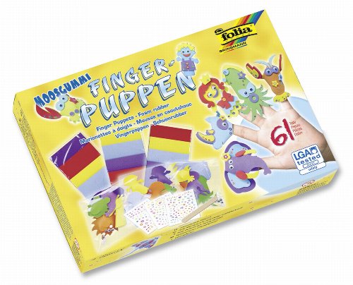 folia 23019 - Moosgummi Fingerpuppen, 61 teiliges Bastelset für Kinder zum Gestalten von 15 lustigen Fingerpuppen aus Moosgummi von folia