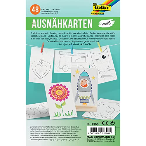 folia 2308 Ausnähkarten 300 g/m², 11 x 17 cm, 8 Motive, weiß, 48-teilig (1 Set) von folia