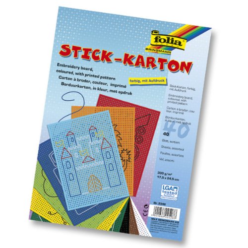 folia 2348 - Stickkarton, 17,5 x 24,5 cm, 40 Blatt, farbig sortiert mit Aufruck - ideal für Stickübungen von folia