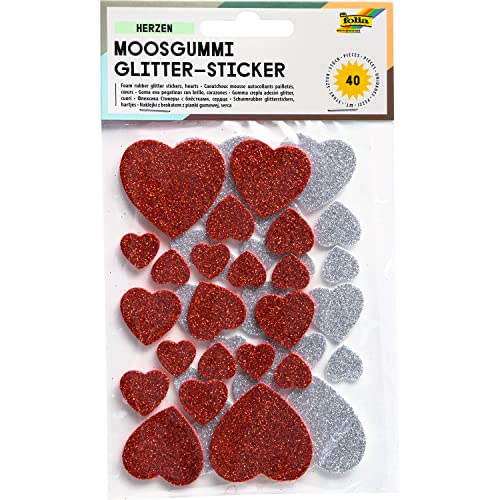 folia 23791 - Moosgummi Glitter Sticker, Herzen, sortiert in silber und rot, verschiedene Größen, 40 Stück - Ideal zum Verzieren und Dekorieren von Grußkarten usw. von folia