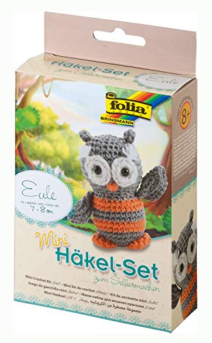 folia 23908 - Mini Häkelset Eule, Komplettset zur Erstellung von einer selbst gehäkelten niedlichen Eule, ca. 7 - 9 cm groß, für Kinder ab 8 Jahren und Erwachsene, als Geschenk von folia