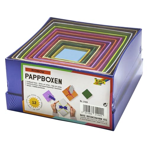 folia 3109 - Geschenkboxen, Pappschachteln aus Karton, quadratisch, 12 Stück in verschiedenen Größen und Farben - ideal zum Verzieren und Verschenken, Farbig Sortiert von folia