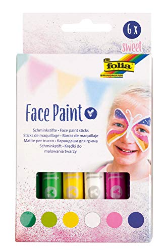 folia 380601 - Face Paint Schminkstifte Sweet, 6 farbig sortierte Stifte für Kinder, dermatologisch getestet, wischfest, mit Wasser und Seife abwaschbar, ideal für Karneval, Fasching und Theater von folia