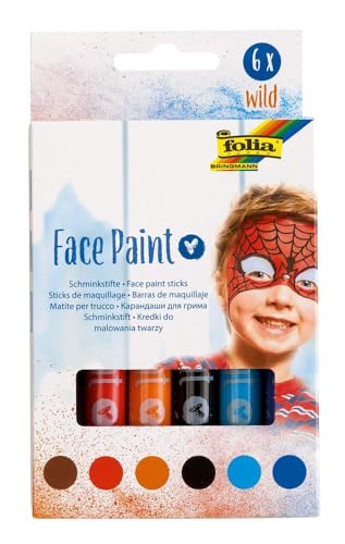 folia 380602 - Face Paint Schminkstifte Wild, 6 farbig sortierte Stifte für Kinder, dermatologisch getestet, wischfest, mit Wasser und Seife abwaschbar, ideal für Karneval, Fasching und Theater von folia