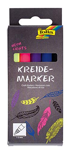 folia 390529 - Kreidemarker, 5er Set Neon Lights, Rundspitze 1 - 2 mm, Flüssigkreide auf Wasserbasis, für Tafeln, Tafelfolie, Glas, Plastik, feucht abwischbar, Blau,Gelb,Schwarz von folia