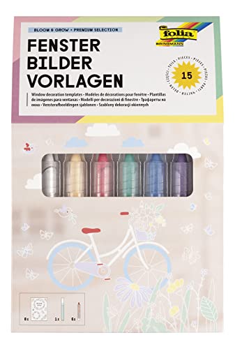 folia 39239 - Premium Fensterbilder Vorlagen "Bloom & Grow" mit 8 vorgedruckten Designs zum Thema Blumen, Ostern und Frühling, inkl. 7 Kreidestiften von folia