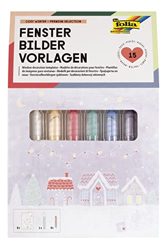 folia 39249 - Premium Fensterbilder Set "Cosy Winter" mit 8 vorgedruckten Design-Vorlagen zum Thema Winter, Weihnachten und Herbst, inkl. 7 Kreidestiften von folia