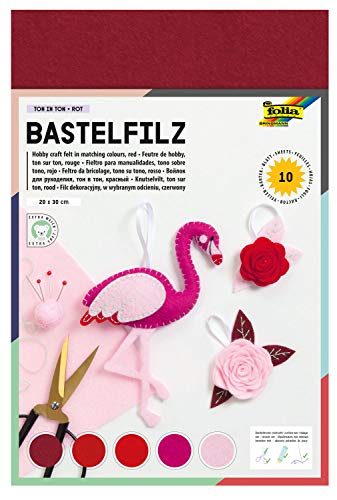 folia 520492 - Bastelfilz Ton in Ton, 20 x 30 cm, 10 Blatt sortiert in Rottönen - ideal für vielfältige Bastelarbeiten von folia