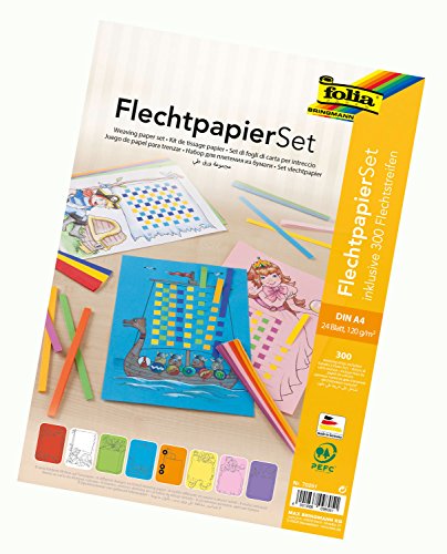 folia 70251 - Flechtpapier Set, 24 Flechtbögen DIN A4, inklusive 300 Flechtstreifen, 8 farbig sortiert, Bunt von folia