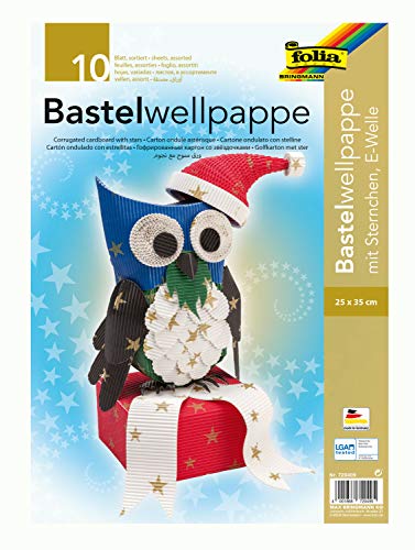 folia 720409 - Wellpappe zum Basteln mit goldenem Sternchendruck, E-Welle, 10 Bogen sortiert in 5 Farben, ca. 25 x 35 cm, doppelseitig durchgefärbt, ideal für weihnachtliche Bastelarbeiten von folia