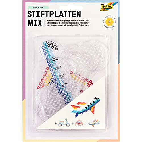 folia 73213 - Bügelperlen Stiftplatten Set Fahrzeuge, 3 transparente Steckplatten für Bügelperlen mit einem Durchmesser von 5 mm, Flugzeug, Roller und Auto von folia