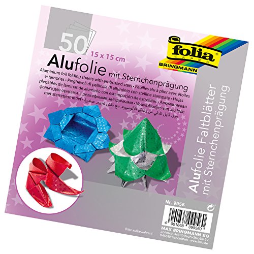 folia 9956 - Faltblätter aus Alufolie mit Sternchenprägung 15 x 15 cm, 100 g/qm, 50 Blatt, farbig sortiert - ideal zum Papierfalten und für andere kreative Bastelarbeiten von folia