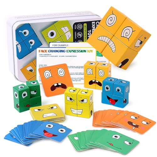 Hölzernes Gesicht veränderndes Zauberwürfelspiel, Ausdruckspuzzle, Bausteine, Muster-Matching-Spiel, Lernpuzzles, Spielzeugbrettspiele für Kinder und Erwachsene von fonice