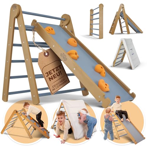 fortSCHRITT München® - Kletterdreieck Indoor [ab 1 Jahr] - 3IN1 Montessori Holz-Klettergerüst mit Rutsche, Klettersteig & Zeltdach | Stabiles Baby-Kletterspielzeug | Aus splitterfreiem Birkenholz von fortSCHRITT München