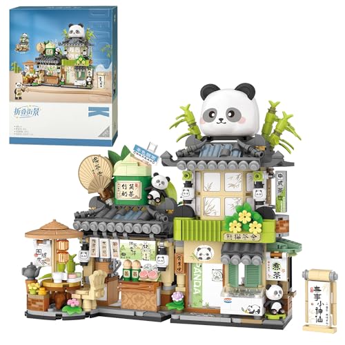 Japanische Straßenansicht Panda Teeladen Mini Bausteine, MOC Kreatives japanisches Spielzeug Modellset, 860 teiliges Simulations Architektur Konstruktionsspielzeug (nicht kompatibel mit Leg Blöcken) von fun4kid