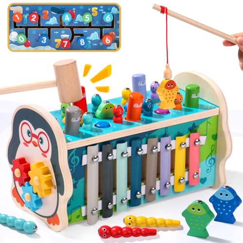 funsonjoy Kinderspielzeug ab 1 Jahr Motorikspielzeug Montessori Spielzeug ab 1 Jahr Junge Xylophon Kinder Holzspielzeug ab 1 Jahr Angelspiel Hammerspiel Lernspielzeug Geschenk 1 Jahr Junge Mädchen von funsonjoy