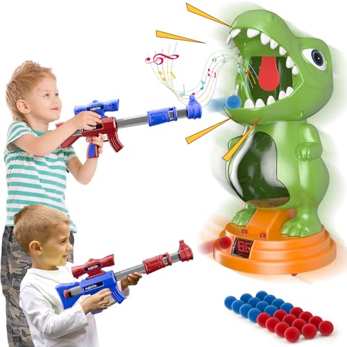 Fygurso Bewegliches Dinosaurier Schießspielzeug mit 2 Luftpumpenpistolen, Zielschießspiele mit LED Punktzahl, Licht und Ton, 24 Schaumball Kinder ab 3 4 5 6 7 8 9+ Jahre Spiele Geschenk für Junge Grün von fygurso