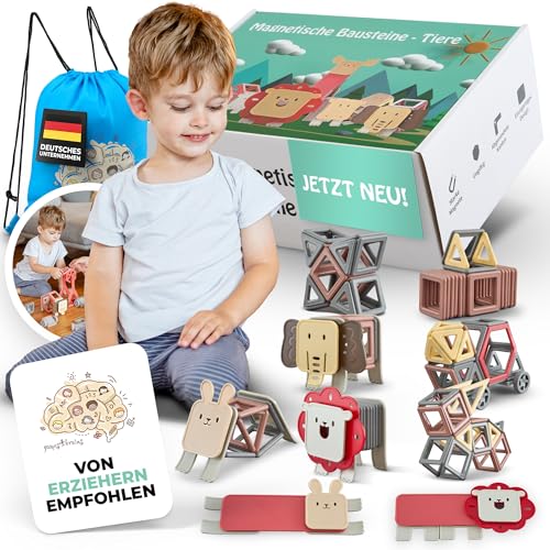 games4brains Magnetische Bausteine für Kinder [99 Teile] - Magnetbausteine mit Beutel - Sensorik Magnet-Spielzeug fördert Kreativität und Motorik | Magna Tiles, Magnetic Building Blocks von games4brains