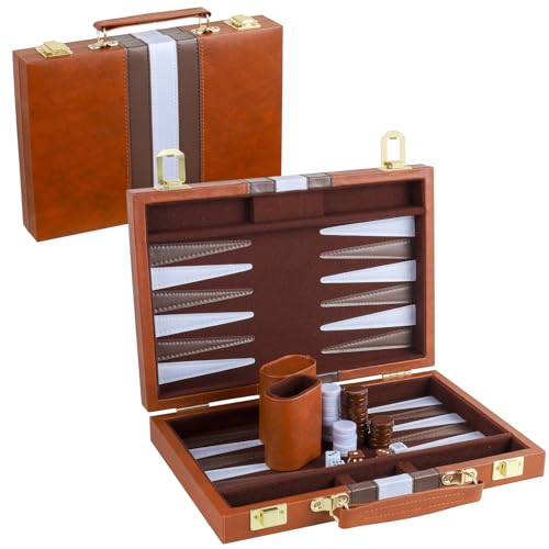 Backgammon-Set für 2 Spieler. Klassisches Backgammon-Set für Erwachsene. Brettspiel mit Kunstlederkoffer. Tragbares und reisefreundliches Backgammon-Set (braun, 11 Zoll). von generic