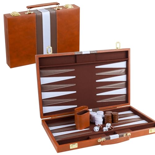 Backgammon Set 2 Spieler Klassisches Backgammon-Set für Erwachsene Brettspiel mit hochwertiger Ledertasche Tragbares und Reise-Backgammon-Set (Braun, 18 Zoll) von generic