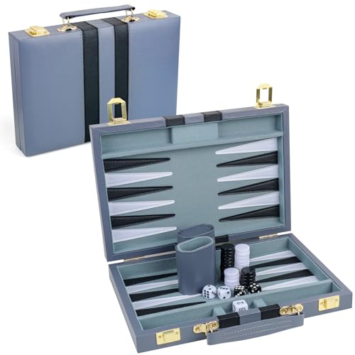 Backgammon Set 2 Spieler Klassisches Backgammon-Set für Erwachsene Brettspiel mit hochwertiger Ledertasche Tragbares und Reise-Backgammon-Set (Grau, 11 Zoll) von generic