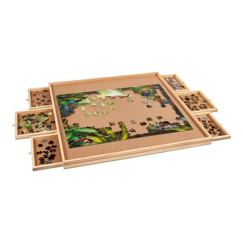 genialo Puzzletisch Premium für 1500 Puzzleteile, 6 ausziehbare Schubladen, Puzzlebrett Puzzleboard Puzzle-Unterlage, 80x83x4,5 cm, Kiefernholz, braun von genialo