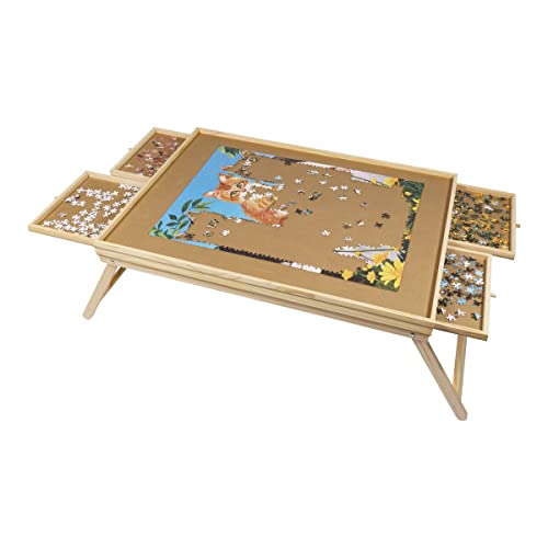 genialo Puzzle-Tisch Premium mit Beinen, Tisch mit 4 ausziehbaren Schubladen, Puzzle-Unterlage, Tischbeine ausklappbar, für 1500 Teile, Kiefernholz, MDF, braun von genialo