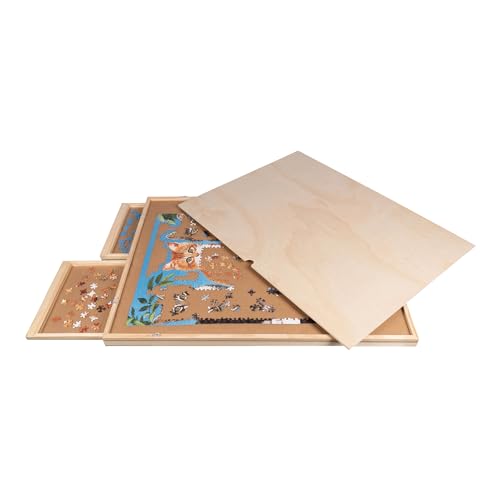 genialo Puzzle-Tisch drehbar inkl. Abdeckung, Tisch mit 4 ausziehbaren Schubladen, Puzzle-Unterlage, für 1500 Teile, MDF, Kiefernholz, braun von genialo