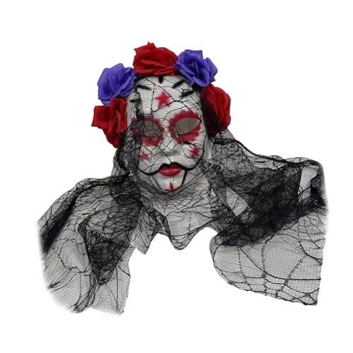 getuse Tag der Toten Maske mit Spitzenschleier und Rosenblumenkrone, 3D Zuckerschädel Maske für Erwachsene, Halloween Kostüm Accessoire- Bunt getuse Tag der Toten Maske mit Spitzenschleier und Rosenblumenkrone, 3D Zuckerschädel Maske für Erwachsene, Halloween Kostüm Accessoire- Bunt von getuse