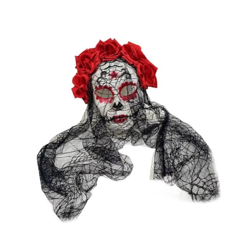 getuse Tag der Toten Maske mit Spitzenschleier und Rosenblumenkrone, 3D Zuckerschädel Maske für Erwachsene, Halloween Kostüm Accessoire- Rot getuse Tag der Toten Maske mit Spitzenschleier und Rosenblumenkrone, 3D Zuckerschädel Maske für Erwachsene, Halloween Kostüm Accessoire- Rot von getuse